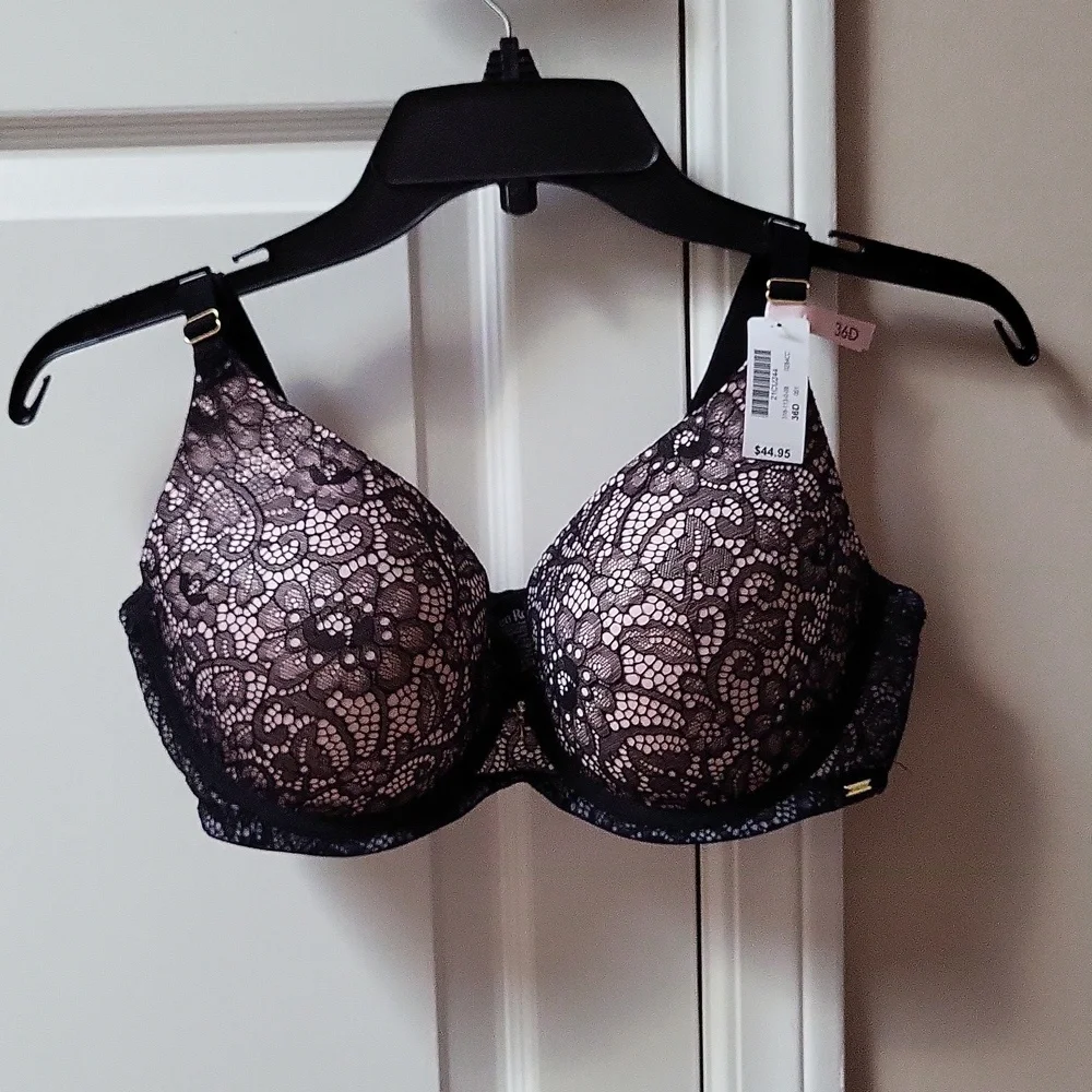 La Vie En Rose Pink and Black Lace Bra, Size 36D, New With Tags - Picture 1 of 8